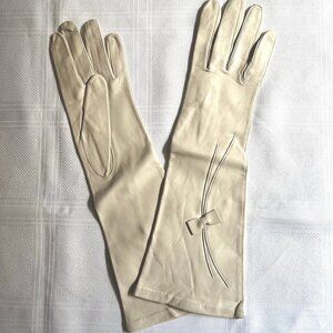 New elbow length opera beige dear skin gloves, from the 1960's, size 7.5 - 8